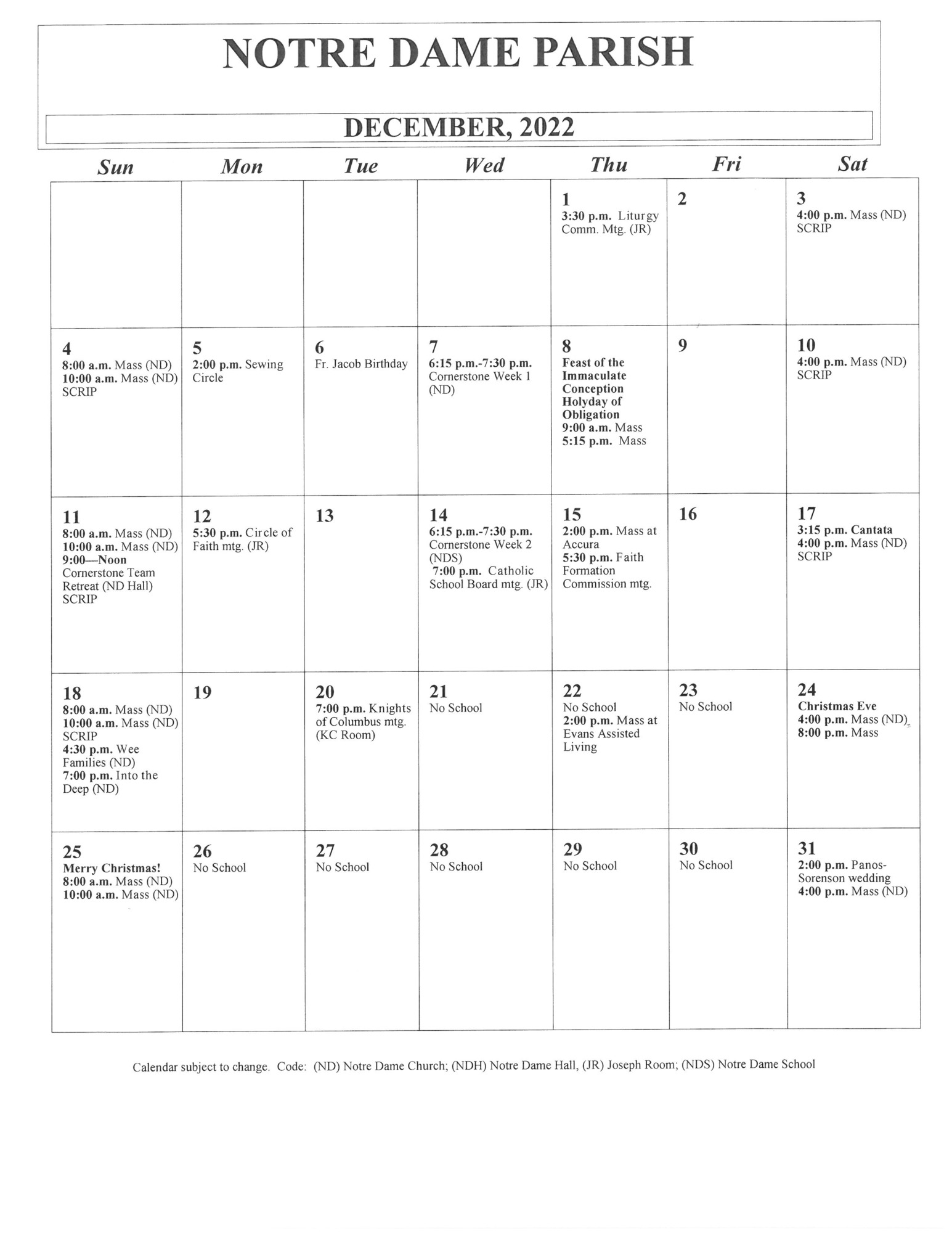 Parish Calendar Notre Dame Parish Cresco, IA